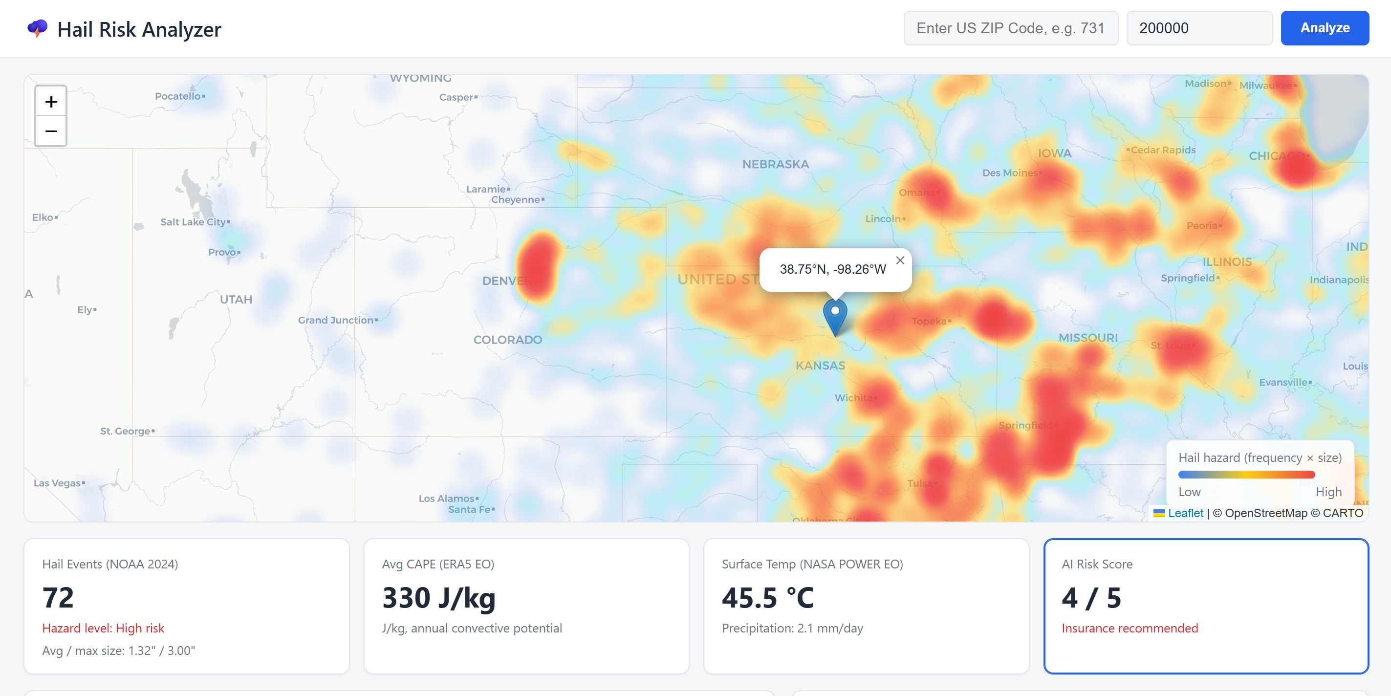 HailAnalyzer app screenshot, live heatmap with risk metrics
